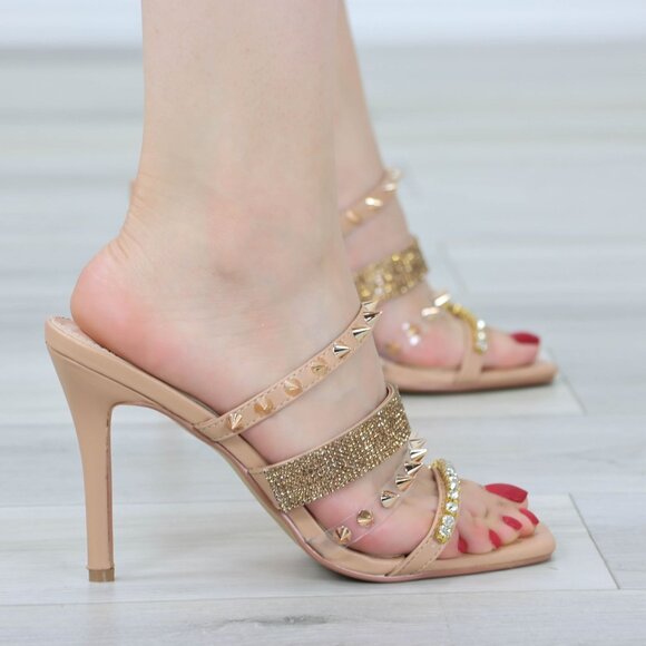 Nude Open Toe High Heel Sandals Slip On Mules Sparkly Rhinestone Straps - Picture 2 of 10